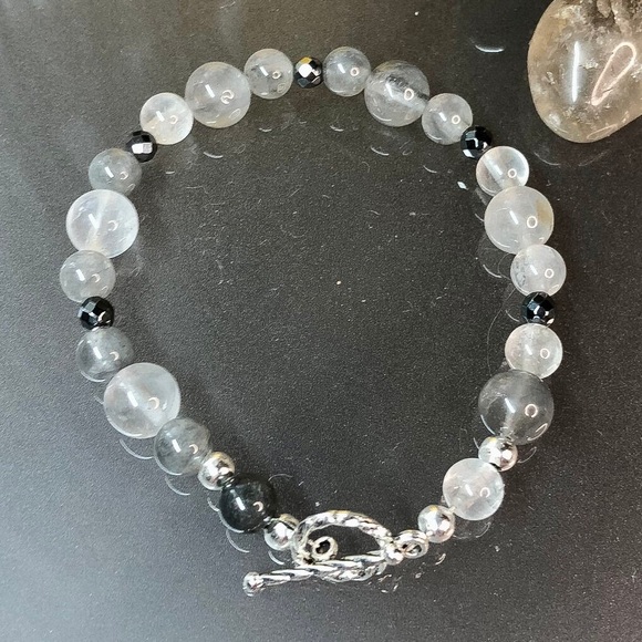 Natural Crystal Quartz & Hematite Bracelet w/Sterling Silver Clasp - Picture 3 of 4